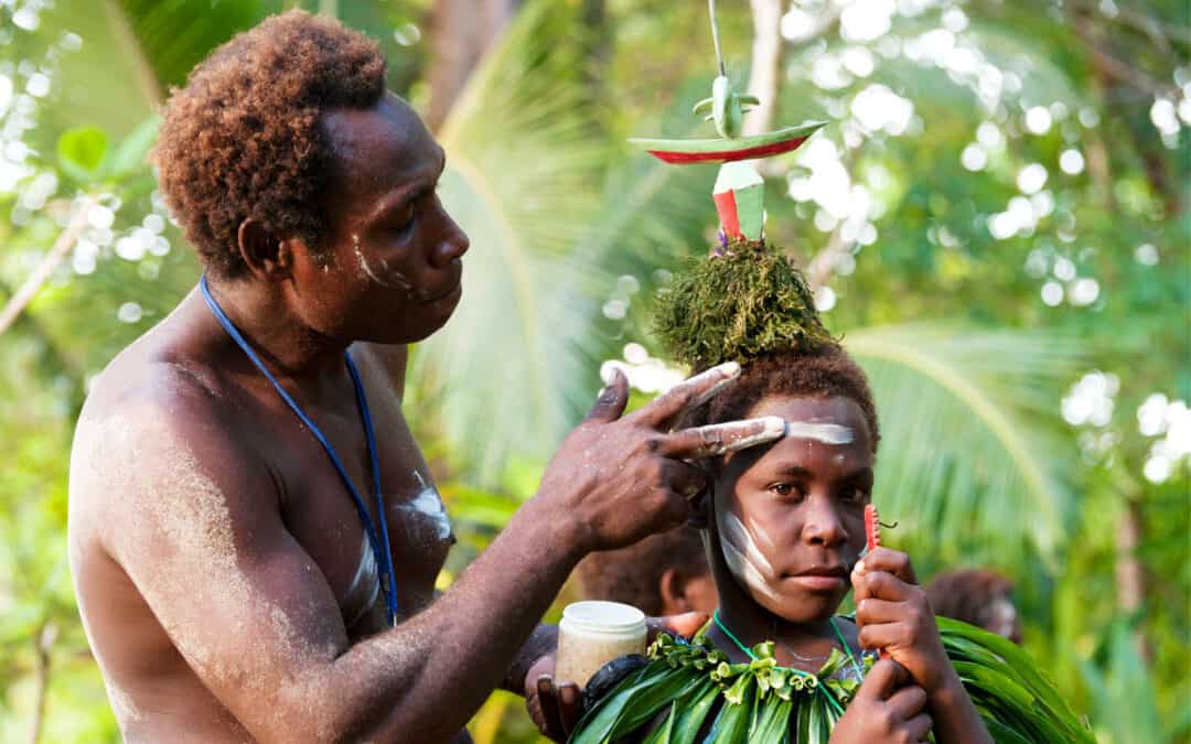 preparation for sing-sing performance (laklakau) by Enug villagers in Papua New Guinea