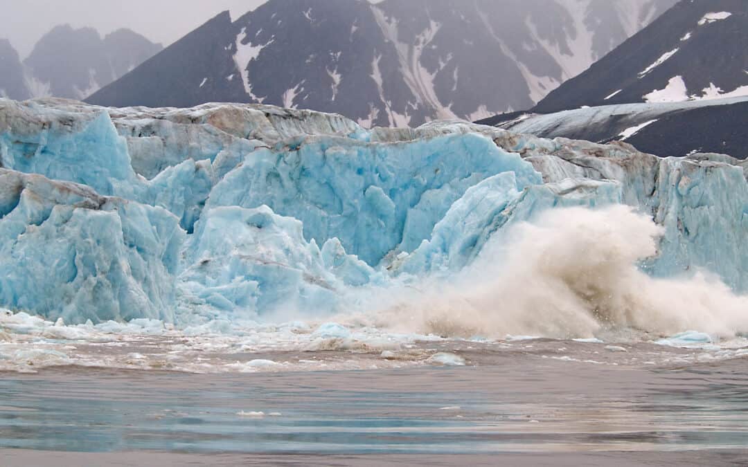 Ein Teil eines Gletschers fällt ins Meer. Das Eis ist hellblau. Im Hintergrund des Bildes ragen dunkle Berge empor.