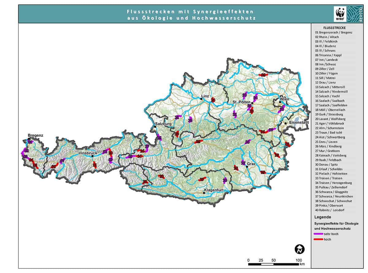 Prioritäre Flussstrecken: 40 Strecken an 31 Flüssen, wo Hochwasserschutz- und ökologische Sanierungsmaßnahmen gleichzeitig durchgeführt werden sollten , © by WWF Prioritäre Flussstrecken: 40 Strecken an 31 Flüssen, wo Hochwasserschutz- und ökologische Sanierungsmaßnahmen gleichzeitig durchgeführt werden sollten , © by WWF