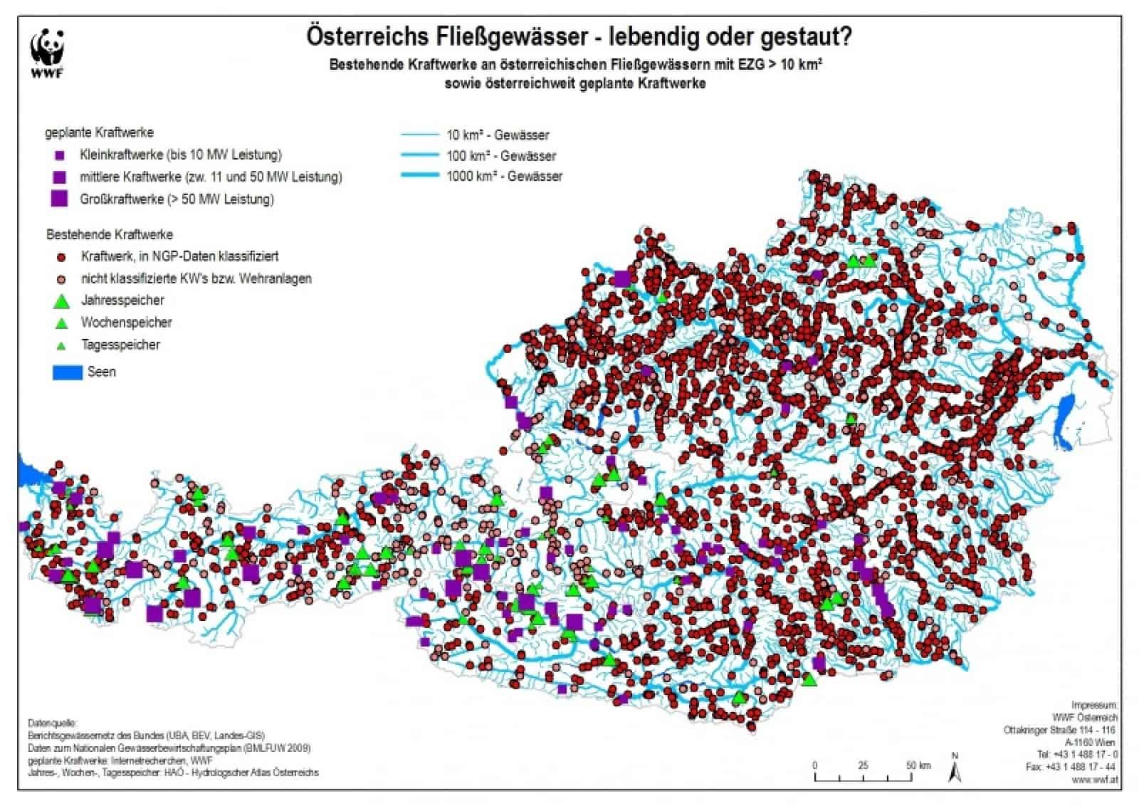 Bestehende und geplante Wasserkraftwerke in Österreich, © by WWF Bestehende und geplante Wasserkraftwerke in Österreich, © by WWF