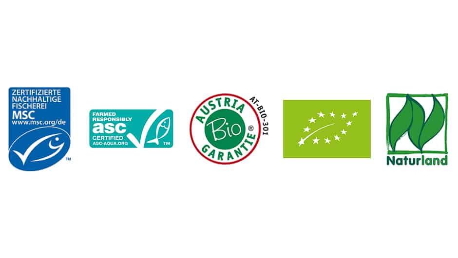 Gütesiegel und Logos für nachhaltige Fischerei, © by MSC / ASC / Austria Bio Garantie / EU / Naturland Gütesiegel und Logos für nachhaltige Fischerei, © by MSC / ASC / Austria Bio Garantie / EU / Naturland
