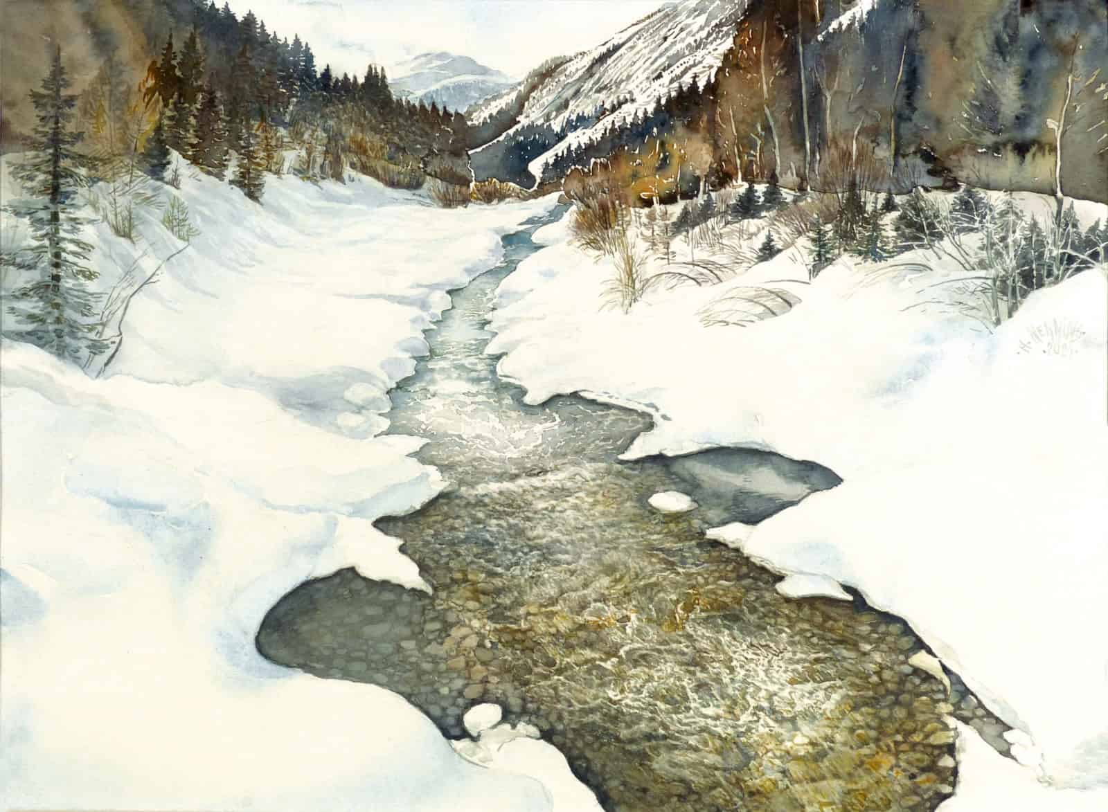 Spätwinter am Kalserbach bei Lana, Aquarell 2021