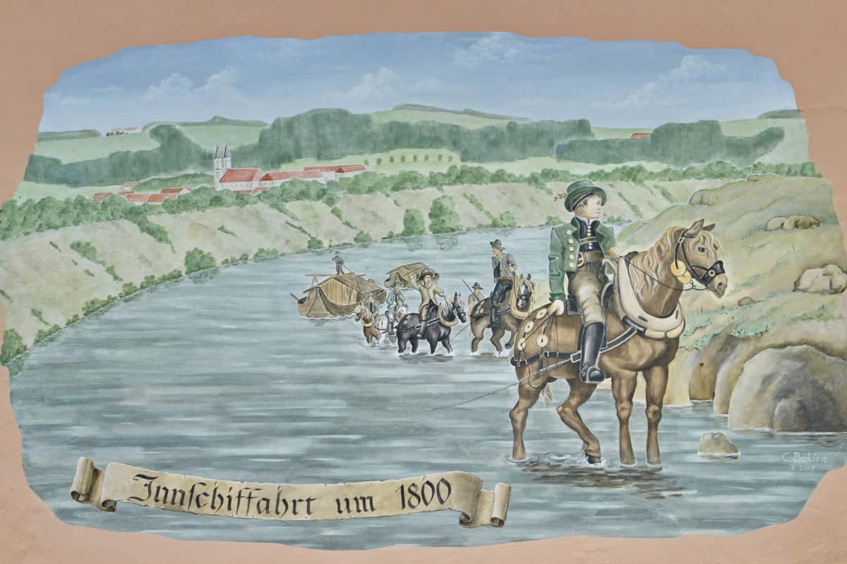 Gemälde einer historischen Innschifffahrt bei Gars am Inn, © by Inn Musuem Rheinheim Gemälde einer historischen Innschifffahrt bei Gars am Inn, © by Inn Musuem Rheinheim