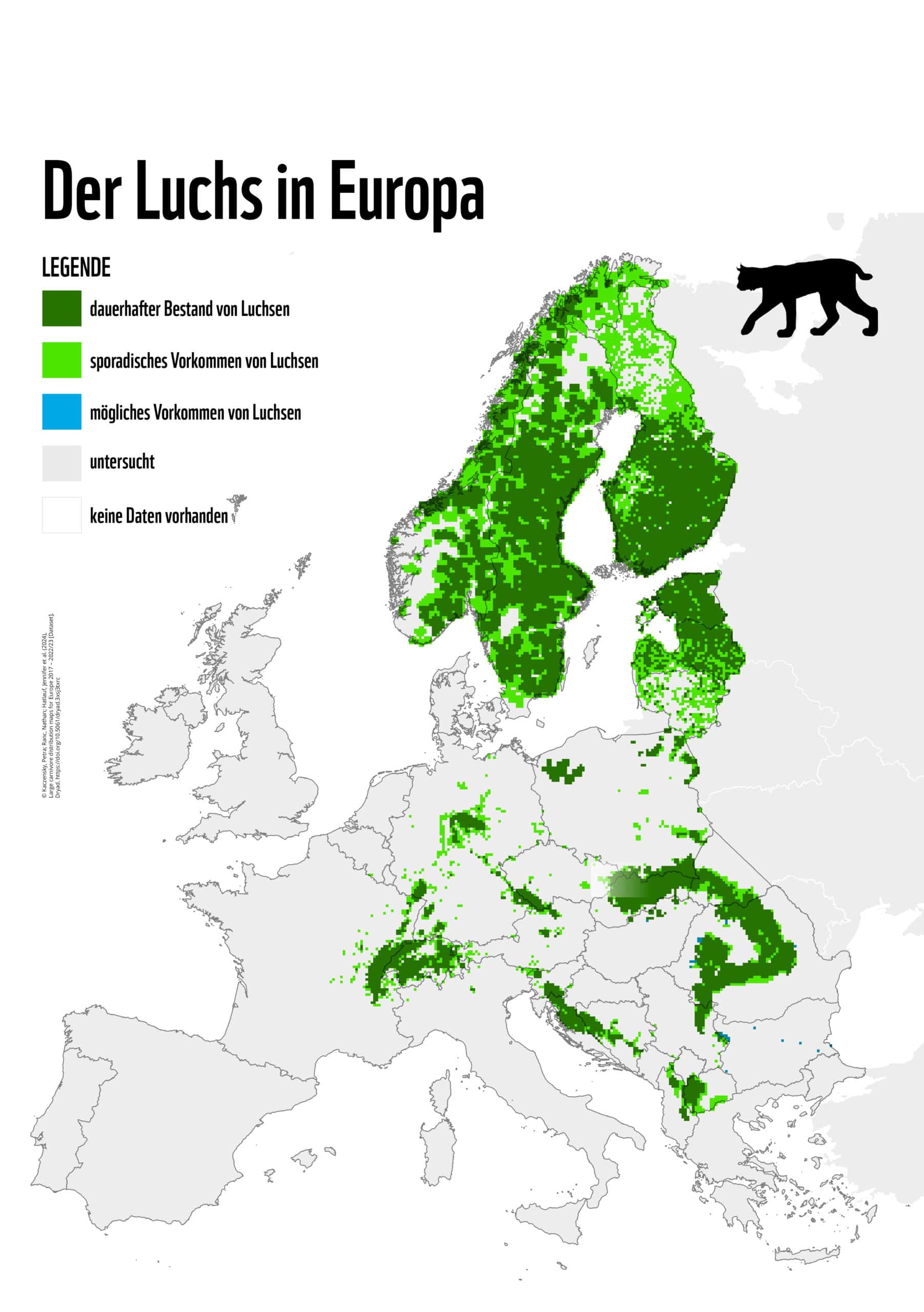 Karte zur Luchs Verbreitung in Europa. (c) Kaczensky, Petra; Ranc, Nathan; Hatlauf, Jennifer et al. (2024)