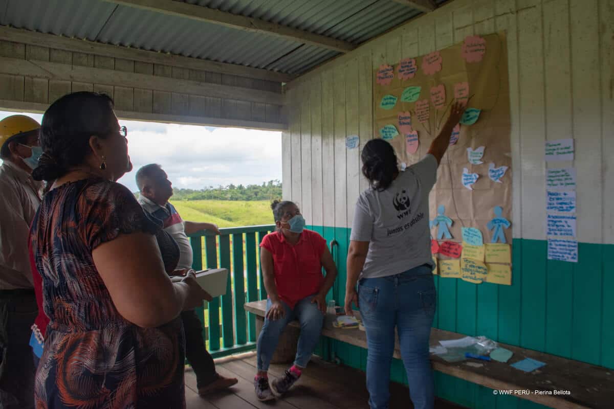 WWF-Mitarbeiterin und peruanische Viehzüchter bei einem Workshop zu nachhaltiger Viehwirtschaft (c) Pierina Bellota/WWF-Perú