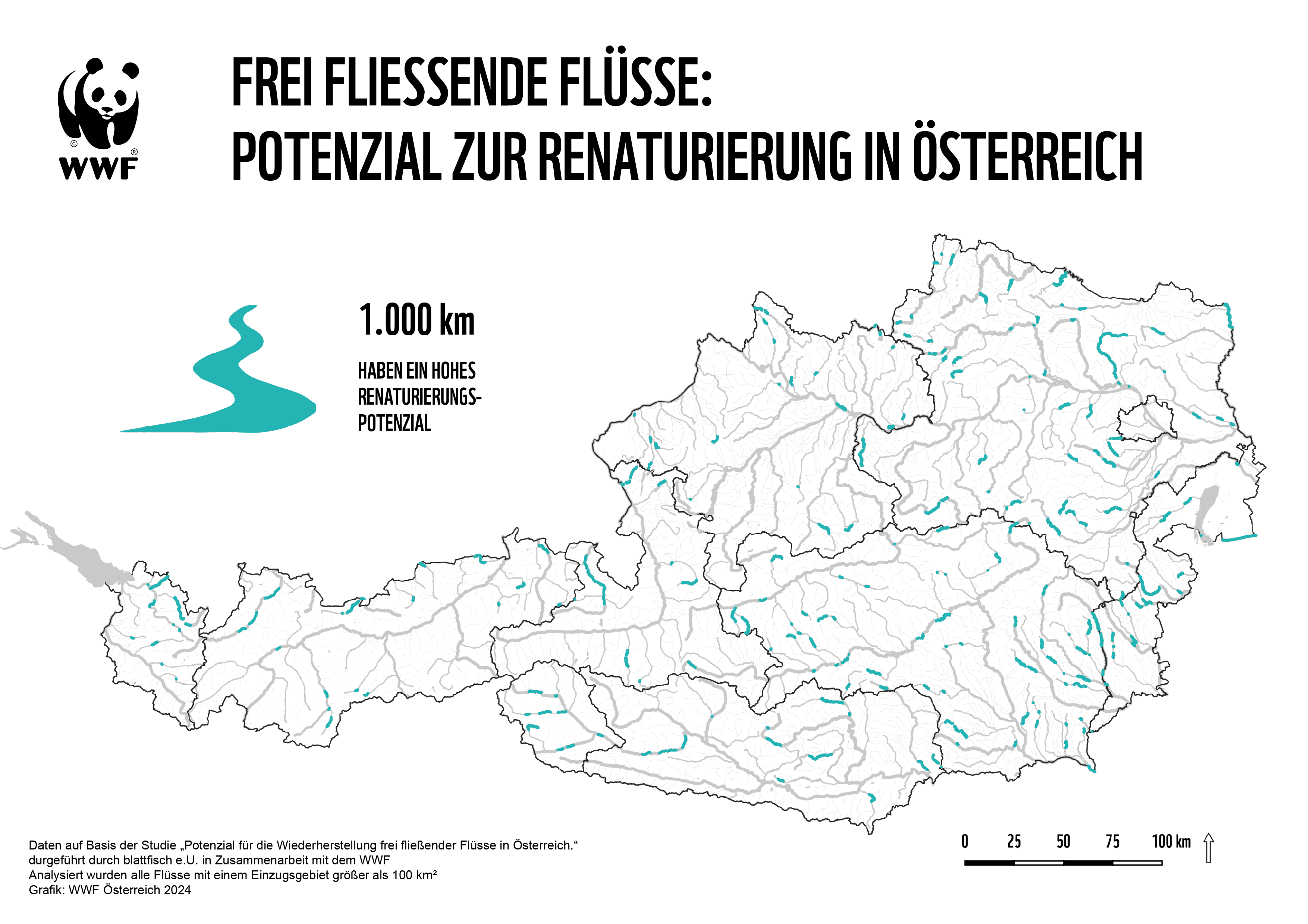WWF-at_Grafik_Flüsse_Hohes_Renaturierungspotenzial_Österreichkarte_(c)WWF2024