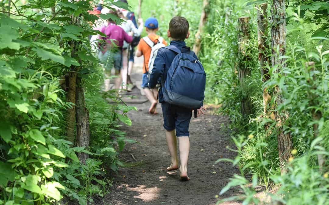 Kinder barfuß auf Waldweg.
